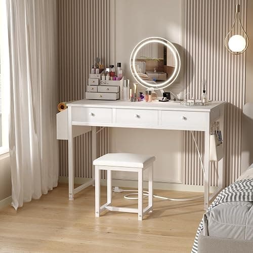 Lufeiya White Makeup Vanity Desk with Mirror and Lights, 40 inch Make Up Vanity Desks with Fabric Drawers & Power Outlet, Dressing Table and Chair Set for Girls Bedroom, White thumbnail 2
