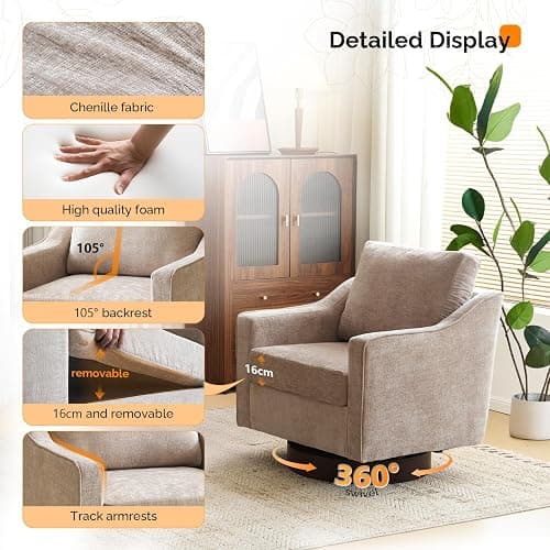 Bonnlo 360° Swivel Armchair, Comfy Accent Chair, Thick Cushion Tub Chair | Mid-Century Armchair with Pillow & Walnut Base, Comfortable Armchair for Living Room, Apartment, Office, Khaki thumbnail 4
