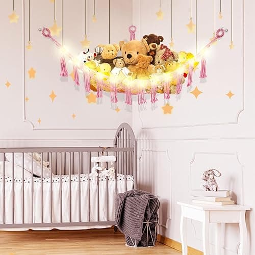CERETIA Stuffed Animal Hammock with LED Light, Large Stuffed Animals Storage Corner Plushie Net for Kids Room Decor, 2 Packs Pink thumbnail 4