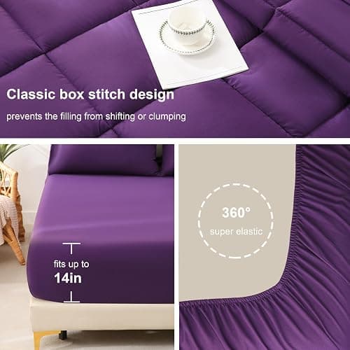 DOWNCOOL Queen Comforter Set, 7Pcs Bedding Sets Queen Dark Purple, All Season Down Alternative Bed in a Bag Queen with Comforter, Flat Sheet, Fitted Sheet, 2 Pillow Shams & 2 Pillowcases thumbnail 4