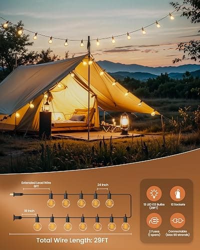 Brightown Outdoor String Lights 29 Feet G40 LED Patio Lights, Plug-in, 13 Plastic Edison Bulbs(1 Spare), Waterproof Connectable Hanging Light for Backyard Porch Balcony Party Decor, E12 Base, Black thumbnail 8