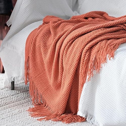 LOMAO Knitted Throw Blanket with Tassels Bubble Textured Lightweight Throws for Couch Cover Home Decor (Coral, 60x80) thumbnail 5