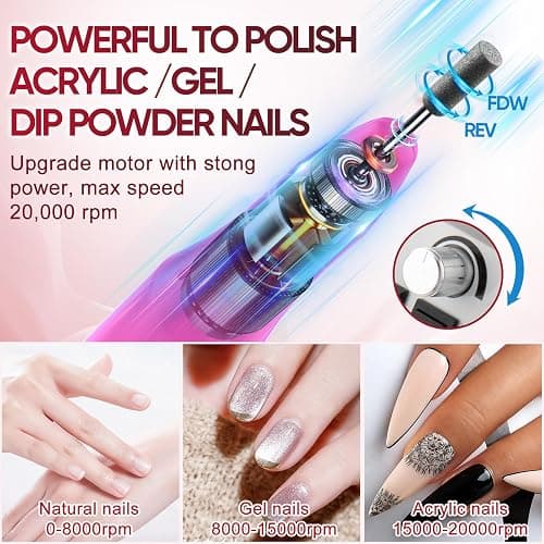 Professional Electric Nail Drill Machine Nails File Kit Manicure Pedicure Set for Acrylic Nail Gel Dip Powder Art Shape Remover Tool Polisher Grinder Low Noise with 156pcs Sanding Bands thumbnail 3
