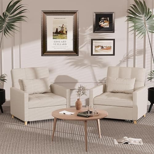YODOLLA Pull Out Sleeper Chair Bed 80cm Single Sofa Armchair, Beige | 3-position reclining backrest, practical side storage pocket, space-efficient foldable guest sleeping design thumbnail 4