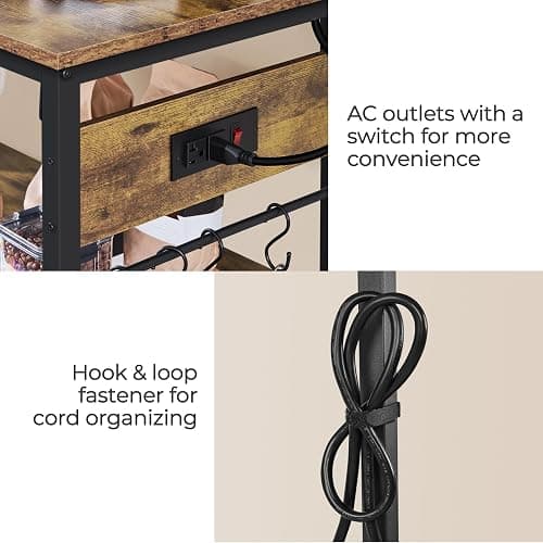 Yaheetech Kitchen Island Cart with Power Outlet, Kitchen Carts on Wheels with Storage, 3-Tier Microwave Stand with Foodpads, Glass and Mug Holders, 8 Hooks, Rustic Brown thumbnail 7
