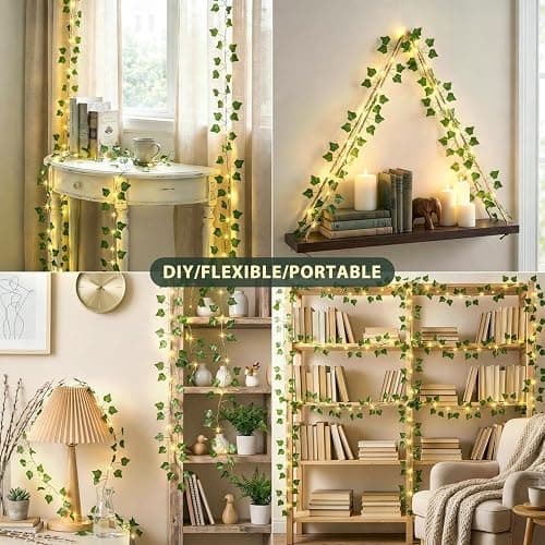 40ft 120 LED Vine Fairy Lights Battery Operated, 8 Modes & Timer Ivy String Lights with Remote, Green Leaf Lights for Indoor Bedroom Classroom Office Wall Garden Party Wedding Decor (Warm White) thumbnail 4