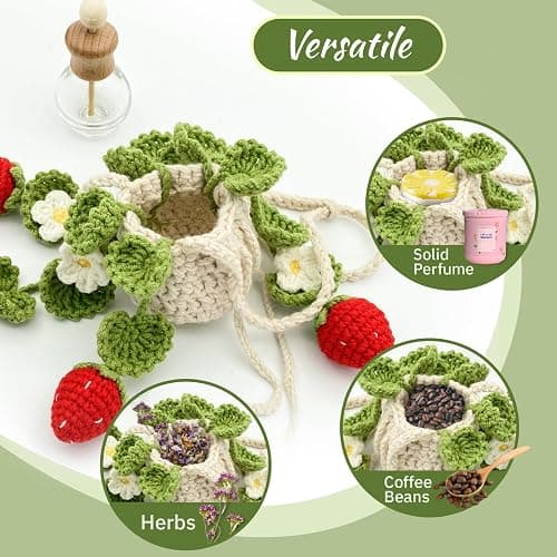 Crochet Car Air Freshener, 15ml Empty Refillable Oil Diffuser Bottle with Hanging Crochet Strawberry Plant for Car Rearview Mirror Air Freshener Diffuser for Home, and Office Decor thumbnail 6