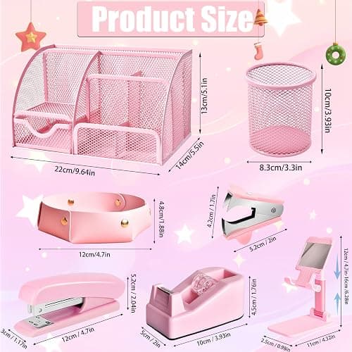 Pink Desk Accessories, 24Pcs Pink Office Supplies and Desk Organizers, with Tape Dispenser, Stapler, Staple Remover, Ect, Gift Box Packaging thumbnail 2