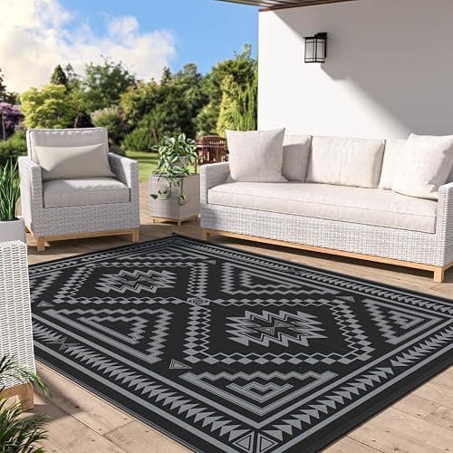 GENIMO Outdoor Rug for Patio Clearance - 6x9 ft Waterproof Plastic Camping Rugs, Reversible Outside Rv Mat Carpet for Porch, Deck, Picnic, Balcony, Beach, Backyard, Black Grey - Image 1