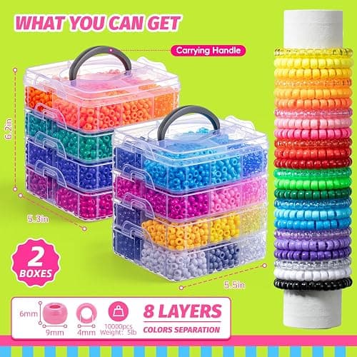 Simetufy 10000PCS Pony Beads Bulk, 48 Colors Kandi Bracelet Making Kit | 6x9mm Rainbow Hair Braiding Key Chains Kids DIY Jewelry Crafts Gifts (5.73LB, 8 Tier Stackable Organizer with 2 Handles） thumbnail 6