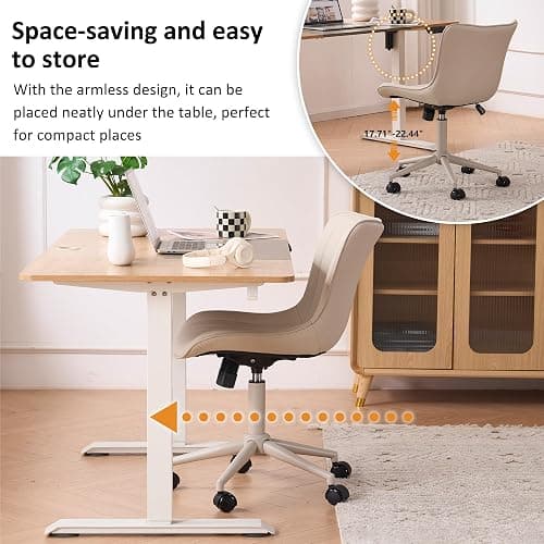 YOUNIKE Cream Home Office Desk Chair with Wheels Armless Compact Comfy Vanity Chair with Adjustable Back Modern Small Leather Upholstered Rolling Swivel Cute Computer Task Sewing Chair No Arms thumbnail 6