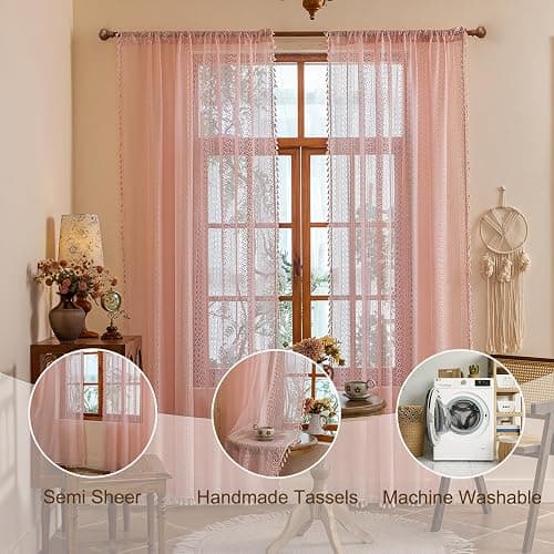 Sutuo Home Light Pink Boho Curtains 84 inches Long for Girls Bedroom Living Room,Lace Sheer Window Curtains Crochet Macrame Bohemian Valentine Farmhouse Vintage Tassels Rod Pocket,2 Panels 50" W thumbnail 2