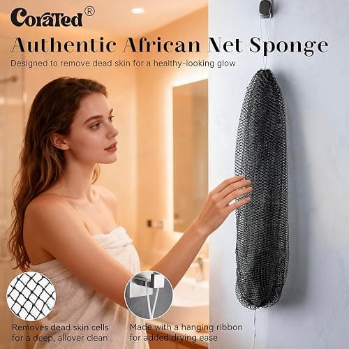 CORATED African Net Sponge Authentic, Shower Loofah Exfoliating Bath Sponge, Body Scrubber for Women and Men Daily Use Body Care, Travel Portable Bath Accessories for Bathroom (Blue & Black) thumbnail 2