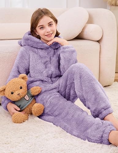 Flygo Girls Fleece Jumpsuits Fuzzy Hooded Rompers Kids Zip up Onesie Romper Costume Warm Winter Clothes 5-14 Years thumbnail 4