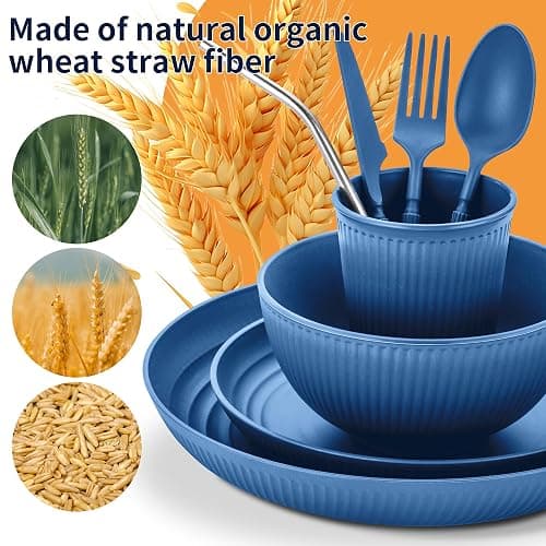 Wheat Straw Dinnerware Sets,64-Piece Plates and Bowls Sets for 8-Unbreakable,Reusable Plastic Dish Set-Dinner Plate/Dessert Plate/Cereal Bowl/Cup/Utensils-Microwavable Dishwasher Safe 64P-Deep Blue thumbnail 6