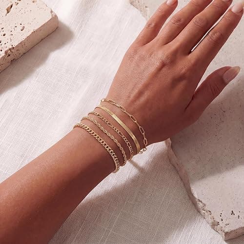 Dearmay Gold Bracelets for Women Waterproof, 14K Gold Plated Minimalist Bracelets Stack Non Tarnish Trendy Dainty Herringbone Vintage Cuban Paperclip Rope Thin Box Link Chain Stackable Jewelry Sets Modern Fashion Accessories Gifts for Womens thumbnail 4