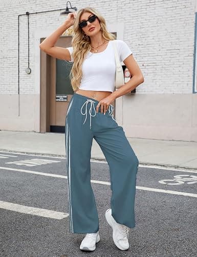 Hongsui Women's Wide Leg Pants Drawstring High Rise Side Striped Slouchy Palazzo Pants with Pockets thumbnail 3