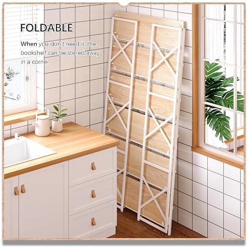 4NM Extra Wide 6 Tiers No Assembly Book Shelves, 61.8" H Folding Bookshelf Bookcase Open Industrial Foldable Shelves for Bedroom, Living Room, Home Office - Natural White thumbnail 4