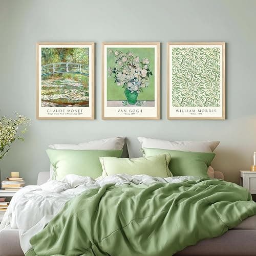 FASWQ Wood Framed Monet Van Gogh William Morris Wall Art, Grass Botanical Wall Decor, Mid Century Impressionist Canvas Paintings, Modern Green Landscape Poster Print for Living Room Bedroom 12"x16"x3 thumbnail 3