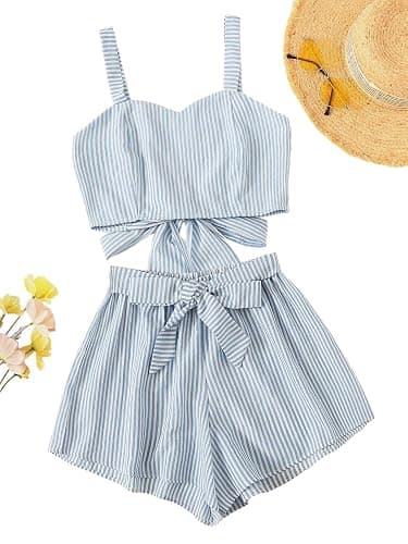 SweatyRocks Women's 2 Piece Outfits Summer Sleeveless Tie Back Crop Cami Top and Shorts Set thumbnail 3