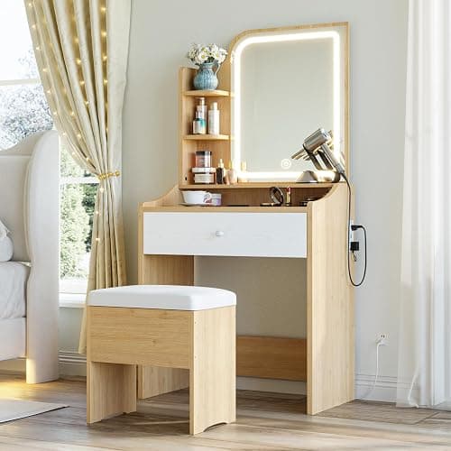 LIKIMIO Small Makeup Vanity Desk with Mirror and Lights, Vanity Table Set with Storage Drawer, Chair and Three Shelves, Bedroom, Wood - Image 1