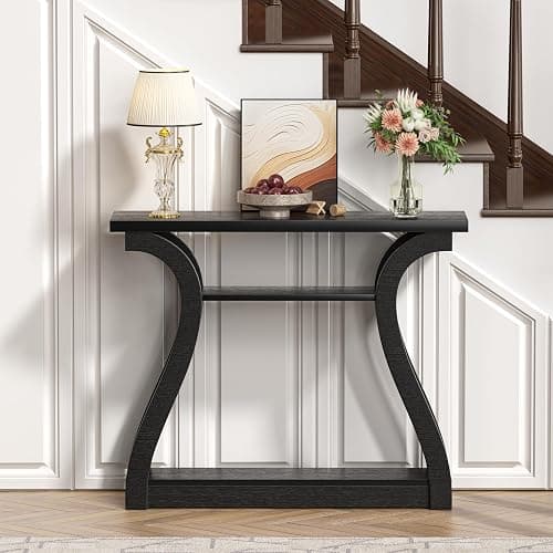 UODERS Wooden Console Table with Curved Legs and Shelf, 3-Tier Modern Accent Narrow Sofa Table for Entrance Area, Living Room, Hallway, 47 in Wide Wood Console Table for Entryway (Black) thumbnail 5