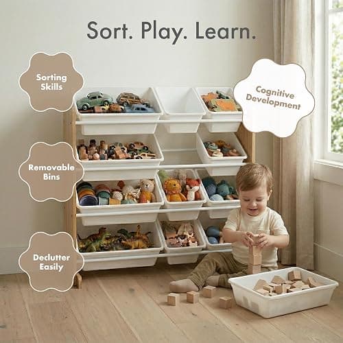Humble Crew Kids Toy Organizer with 12 Bins, 4 Tier Storage for Playroom | Sturdy wood and steel toddler shelf, removable BPA-free containers, wall anchor anti-tip safety kit for bedroom or classroom thumbnail 7