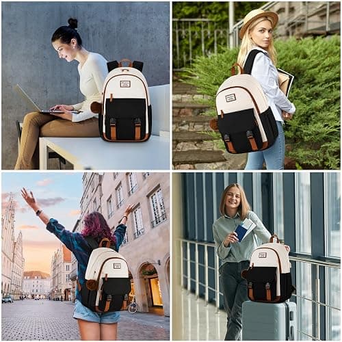 WINDARS School Backpack for Teen Girls, Cute College Backpacks for Women Students Aesthetic Bookbag Large 15.6 Inch Laptop Bag Middle School Travel Back Pack (Beige-Black-Brown) thumbnail 7