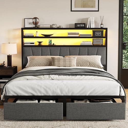 CIKUNASI Queen Bed Frame with Storage Headboard Bed Frame Queen Size with 2 Storage Drawers LED Light and Charging Station Platform Bed Base No Box Spring Needed - Image 1