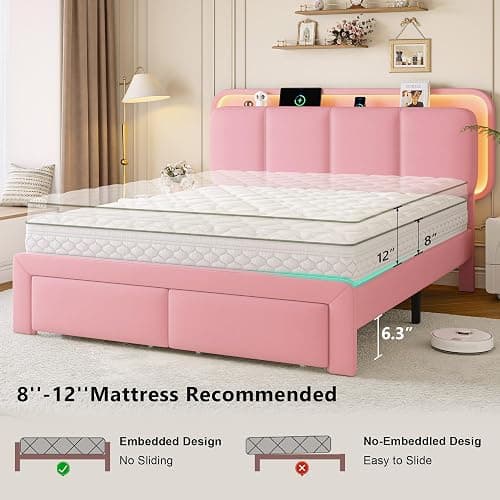 Einhomn Full Size Upholstered Bed Frame with 2 Underbed Drawers & Storage Headboard, Velvet Platform Bed with LED Lights & Charging Station, Sturdy Metal & Wood Structure, Noise-Free,Pink thumbnail 7