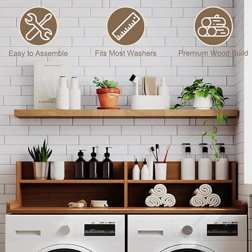 ChooChoo 2-Tier Washer Dryer Countertop with Adjustable Shelf, Spacious Laundry Room Storage for Folding Clothes and Efficient Organization, Walnut thumbnail 3