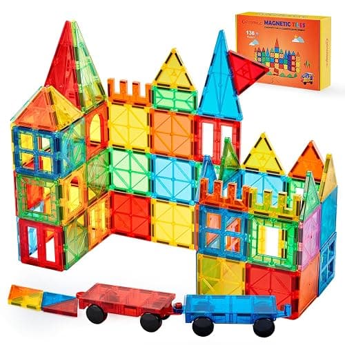Gemmicc Magnetic Tiles, Deluxe 136 PCS Building Blocks Magnet Toys for Kids,3D Magnet Puzzles Stacking Blocks for Boys Girls,Huge Set with 2 Cars - Image 1