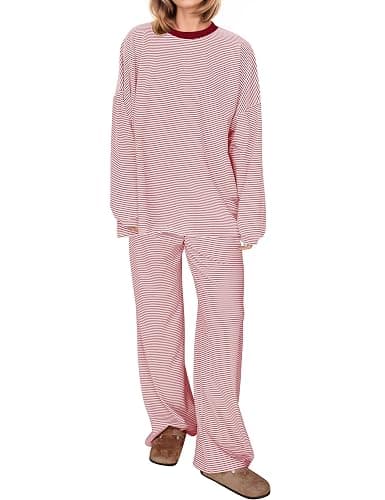 MISSACTIVER Women's 2 Piece Striped Lounge Set Long Sleeve Oversized T-Shirt Wide Leg Pants Matching Pajamas Set - Image 1