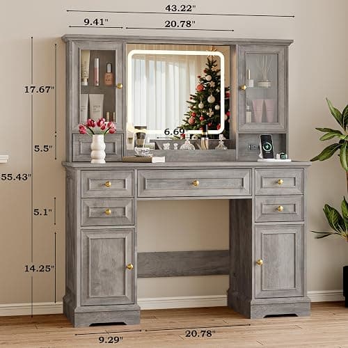 BORNOON Vanity Desk with Lights, Large LED Mirror with 3 Color Modes, Makeup Vanity with Power Outlet & USB Ports, 6 Drawers & 2 RGB Glass Cabinets, Farmhouse Dressing Table for Women & Girls (Wood) thumbnail 2