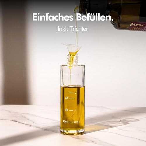 KIVY Glas Ölsprüher 2er Set - Präzise Öl Sprühflasche mit feinem Sprühnebel - Innovatives Spray mit Portionskontrolle - Öl Sprühflasche für Olivenöl & Speiseöl (Glas, Einzeln) thumbnail 7