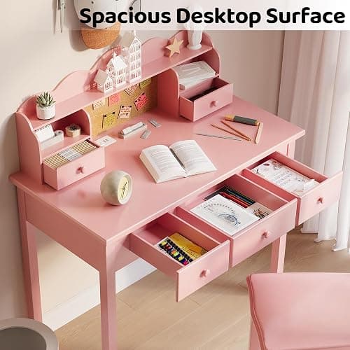 FUNKOCO Home Office Furniture Writing Desk,Computer Work Station with Detachable Hutch,5 Drawers(Pink) thumbnail 4