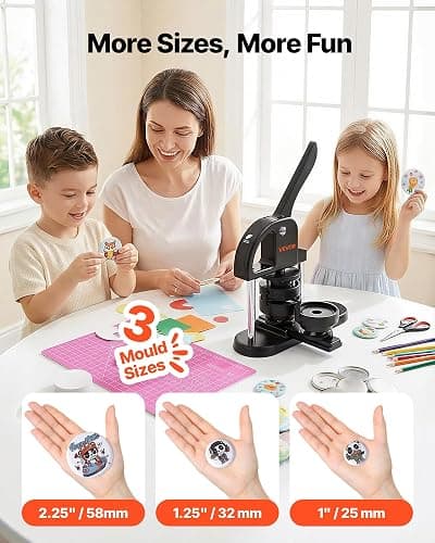 VEVOR Button Maker Machine 1/1.25/2.25 inch(25/32/58mm) 3-in-1 Pin Maker | with 300pcs Button Parts, Children DIY Presents, Ergonomic Arc Handle Punch Press Kit, Panda Magic Book, and Circle Cutter thumbnail 3