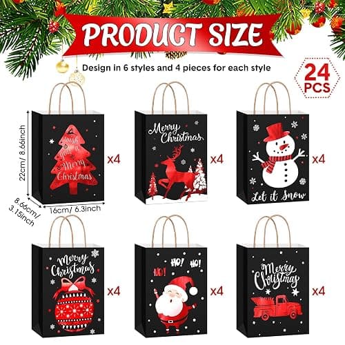 Containlol 24 Pcs Christmas Paper Gift Bags with Handles Foil Xmas Kraft Paper Favor Bags Christmas Treat Bags Black Gold Glitter Candy Goodie Bags for Holiday Party Favors Decor Supplies thumbnail 2