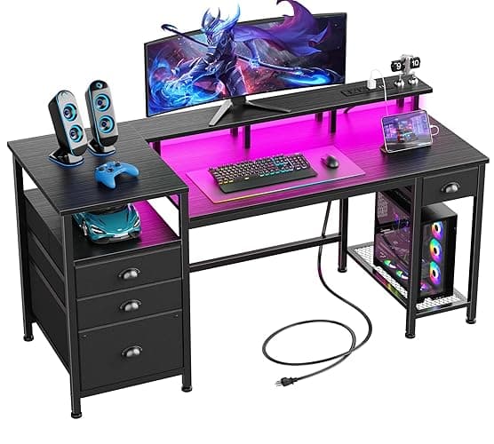 Furologee 60" Black Computer Desk with 4 Drawers and Printer Space, Gaming Desk with LED Lights and USB Power Outlets, Home Office Desk with Fabric File Cabinet,Study Work Table with Shelf for Bedroom - Image 1