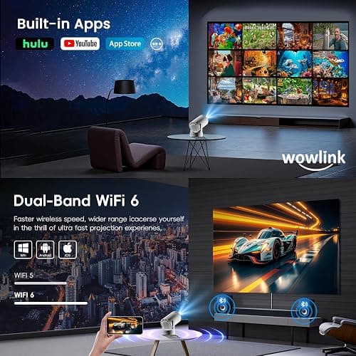 [Built-in Apps & 2026 Upgraded] Mini Projector with WiFi 6 and Bluetooth 5.4 Support 4K 1080P Auto Keystone 180° Rotatable Projector Portable Compatibile with HDMI/TV Stick/Memory Stick/Laptop, White thumbnail 3