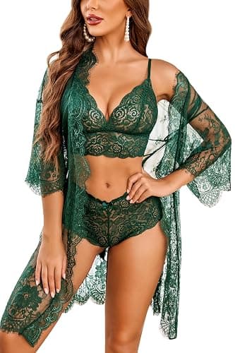 Avidlove Women Sexy Lingerie Set 3 Piece Bra and Panty Sets with Lace Kimono Robe Sleepwear Mesh Nightgown - Image 1