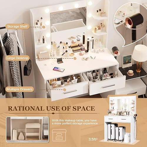 Furmax Make up Vanity Desk with Mirror and Power Outlet, Vanity with 3 Color Light Options Adjustable Brightness,Vanity Desk with 2 Drawers, 6 Storage Shelves (White, with Bench) thumbnail 4