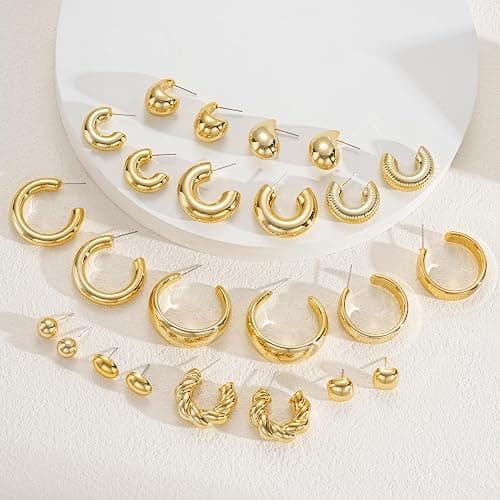 12 Pairs Chunky Gold Hoop Earrings for Women Trendy, Gold Plated Lightweight Hypoallergenic Stack, Thick Open Twisted Huggie Hoops Earring Set thumbnail 5