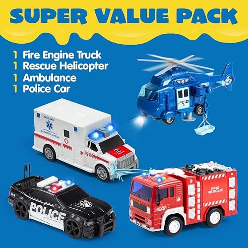JOYIN 4 Packs Emergency Vehicle Toy Playsets, Friction Powered Vehicles with Light and Sound, Including Fire Truck, Ambulance, Play Police Car and Helicopter, Christmas Toddler Kids Boys Gifts thumbnail 4
