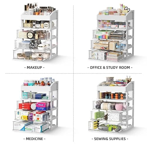 Desk Organizer with 4 Drawer Storage, Desktop Drawers Organizer for Office/School Supplies, Plastic Stationary Makeup Organizer, Desk Storage Box Organizer for Office, School, Bathroom thumbnail 4