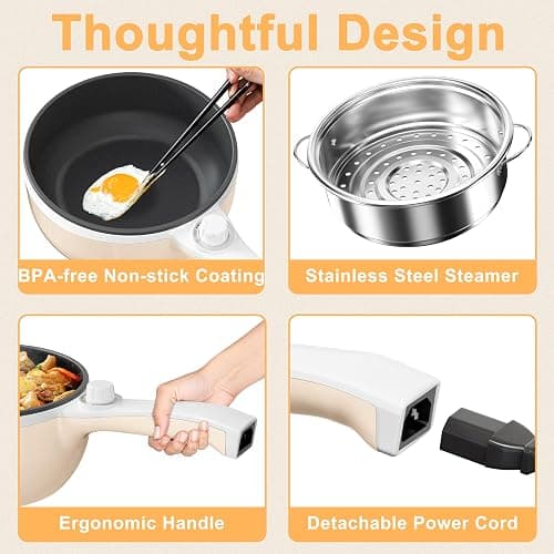 Dezin Hot Pot Electric with Steamer Upgraded, Non-Stick Sauté Pan, Rapid Noodles Electric Pot, 1.5L Mini Pot for Steak, Egg, Fried Rice, Ramen, Oatmeal, Soup with Power Adjustment thumbnail 9