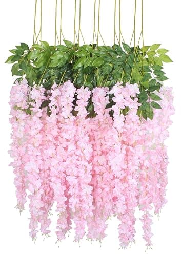Duovlo 12 Piece Artificial Silk Wisteria Vine 3.6 Feet Ratta Hanging Flower Garland String Home Party Wedding Decor (Light Pink) - Image 1