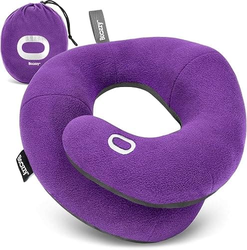 BCOZZY Travel Neck Pillow for Airplane– Patented Double Support for Head, Neck, and Chin. Best for Long Flights, Plane Sleeping, and Car Rides. Adjustable Size. Washable. Carry Bag. Large, Purple - Image 1