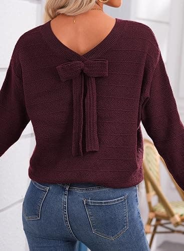 EVALESS Sweaters for Women Long Sleeve Fall Outfits 2025 Back Bow Knot Sweaters Round Neck Solid Knit Pullover Tops thumbnail 4