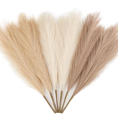 ZIFTY 6-Pcs 17" Pampas Grass Faux Pompas Fluffy Artificial Fake Flower Boho Decor for Vase Filler Ins Style Modern Home Wedding Decorations (Beige Mixed) - Image 1